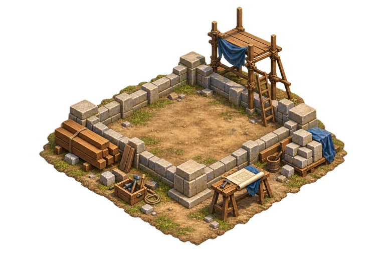 Pathfinder Lodge construction plot with tools and foundations